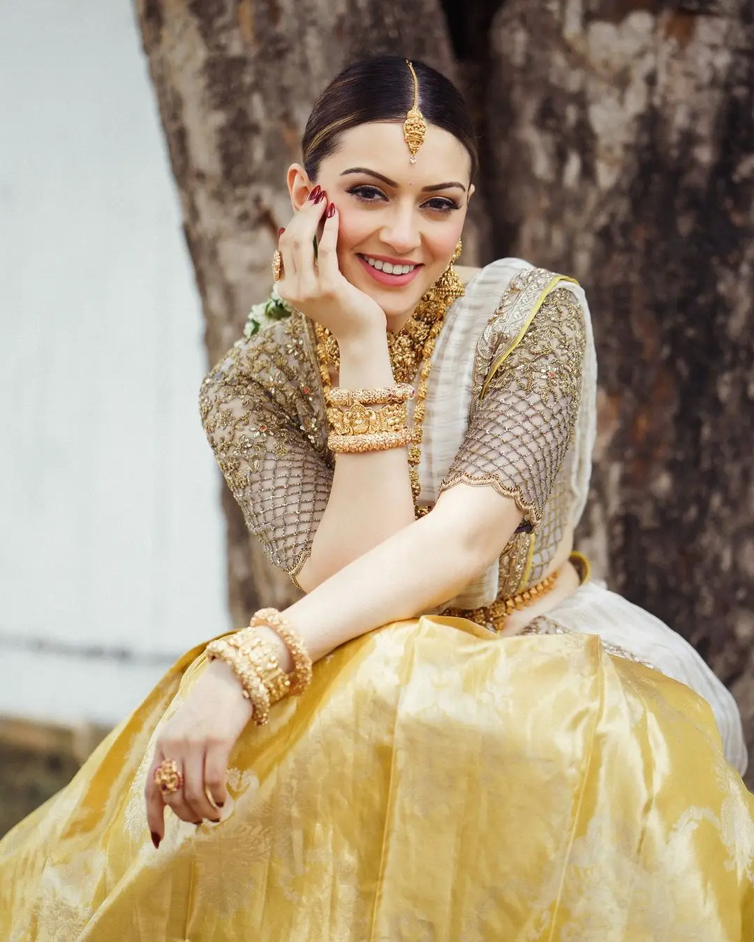 Hansika Motwani Wearing Beautiful Earrings Jewellery Yellow lehenga Choli